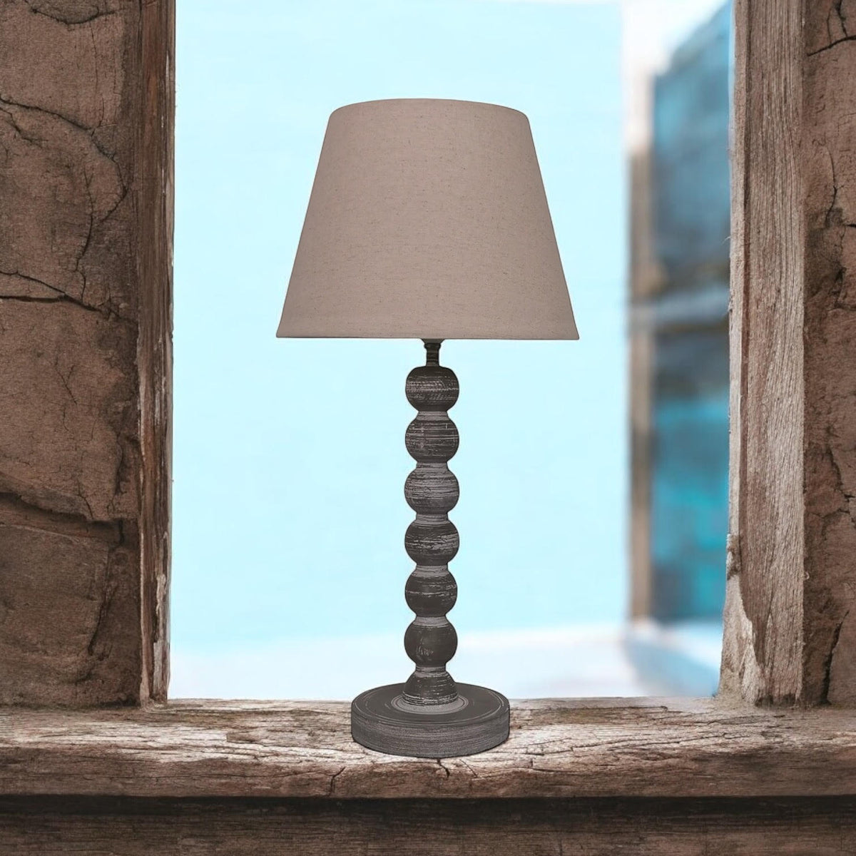 AcaciaHome Tall Wooden Washed Table Lamp, 42cm – Taupe Linen Empire Shade, Shabby Chic Style, Dark Grey