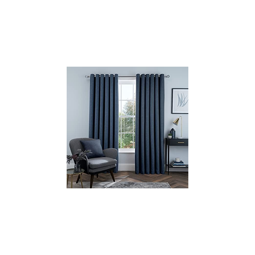 Sleepdown Linen Look Blackout Eyelet Curtains with Thermal Lining – Bedroom & Living Room Curtains, Navy