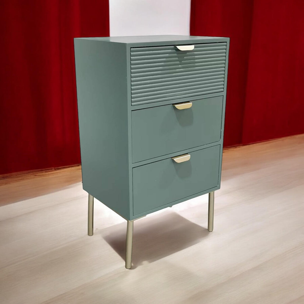 AcaciaHome Wooden 3 Drawer Chest with Solid Pine Top & Metal Handles – Compact Bedroom Storage, Green
