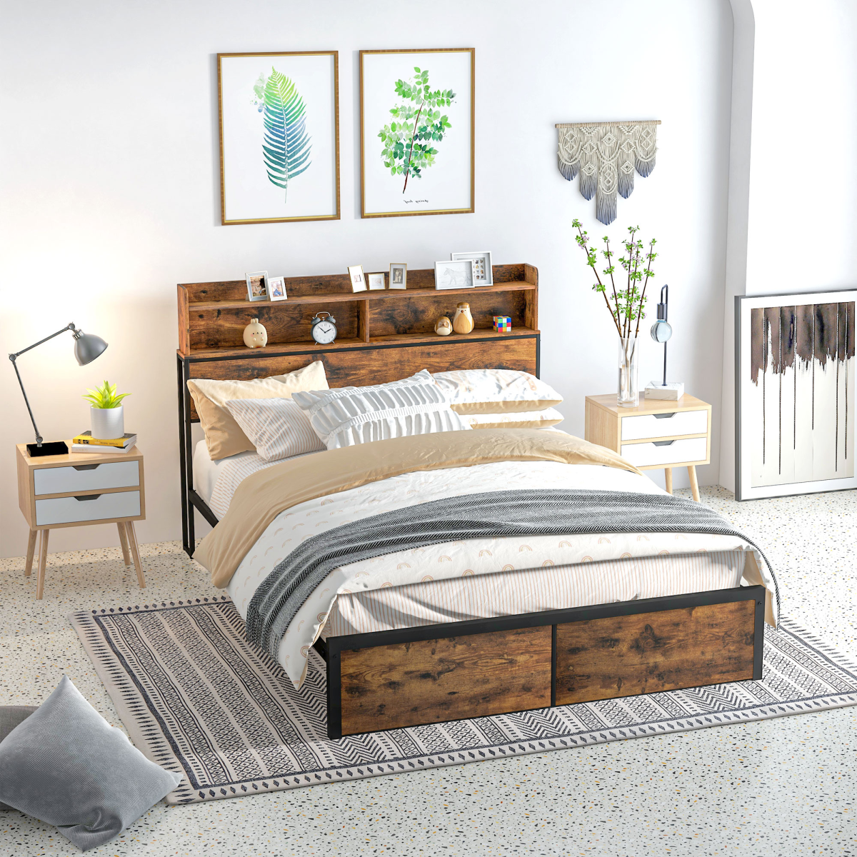 HOMCOM 5ft King Size Bed Frame with Storage Headboard – Under Bed Storage, Steel Frame