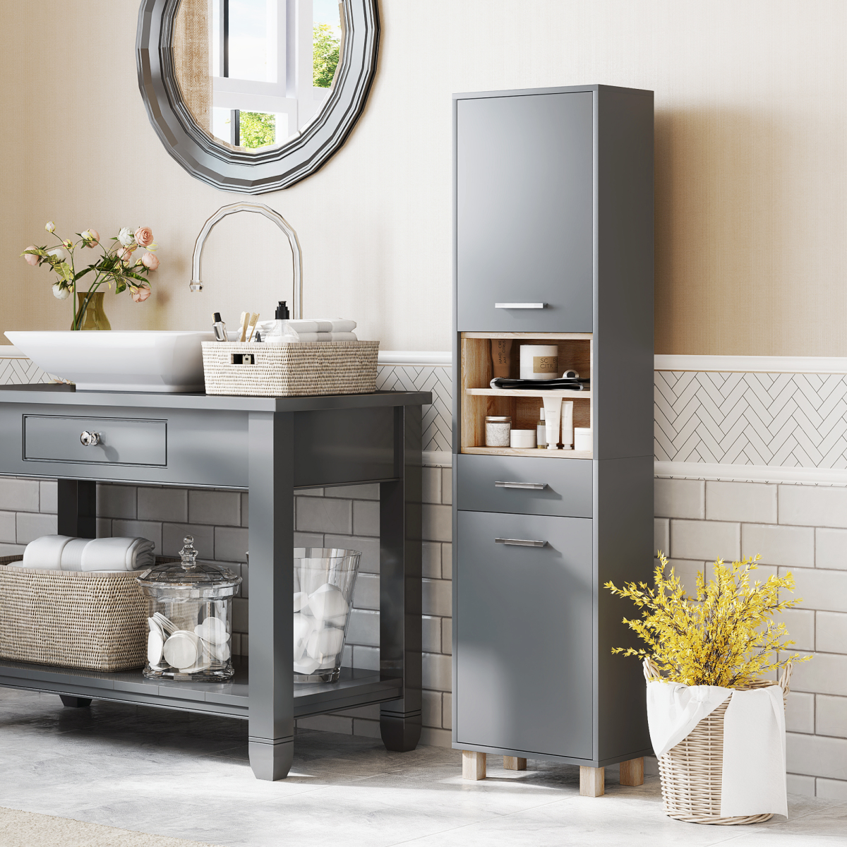 HOMCOM Bathroom Storage Unit with Two Cabinets, Open Shelves & Drawer – Freestanding Tall Cabinet, Grey