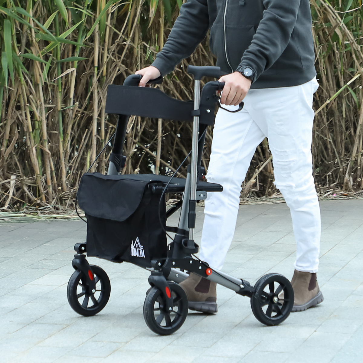 HOMCOM 4-Wheel Rollator Walker with Seat, Backrest & Storage Bag – Foldable Aluminium Mobility Aid, Silver