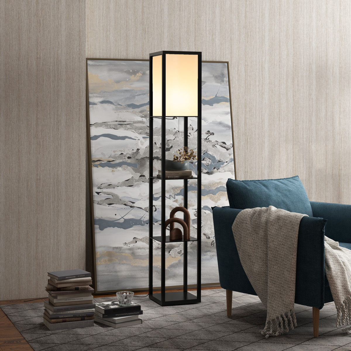 HOMCOM Shelf Floor Lamp with 4-Tier Open Shelves – Living Room & Bedroom Lighting, 160cm, Black & White