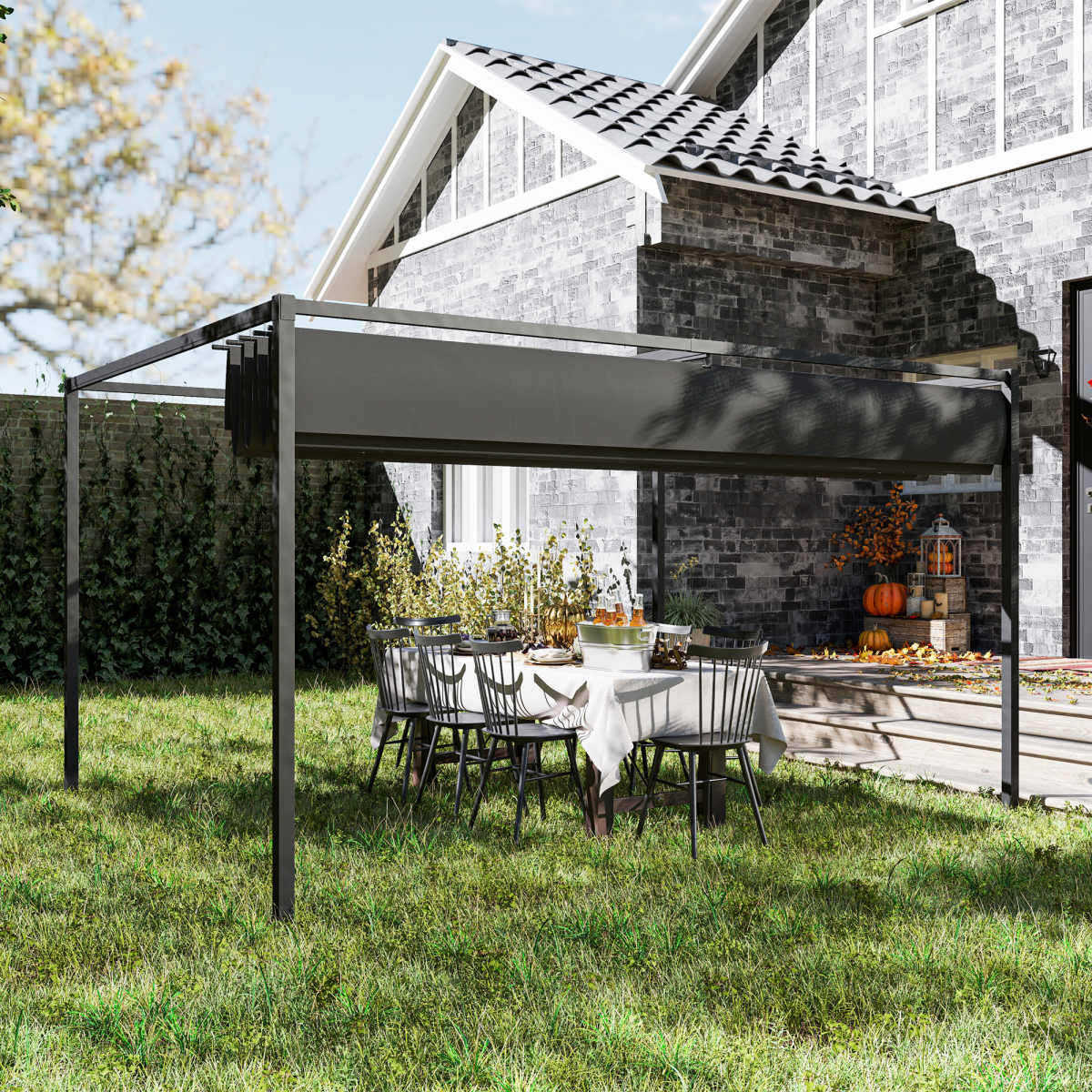 Outsunny 4 x 3m Metal Pergola Gazebo with Retractable Canopy – Patio Sun Shelter, Black