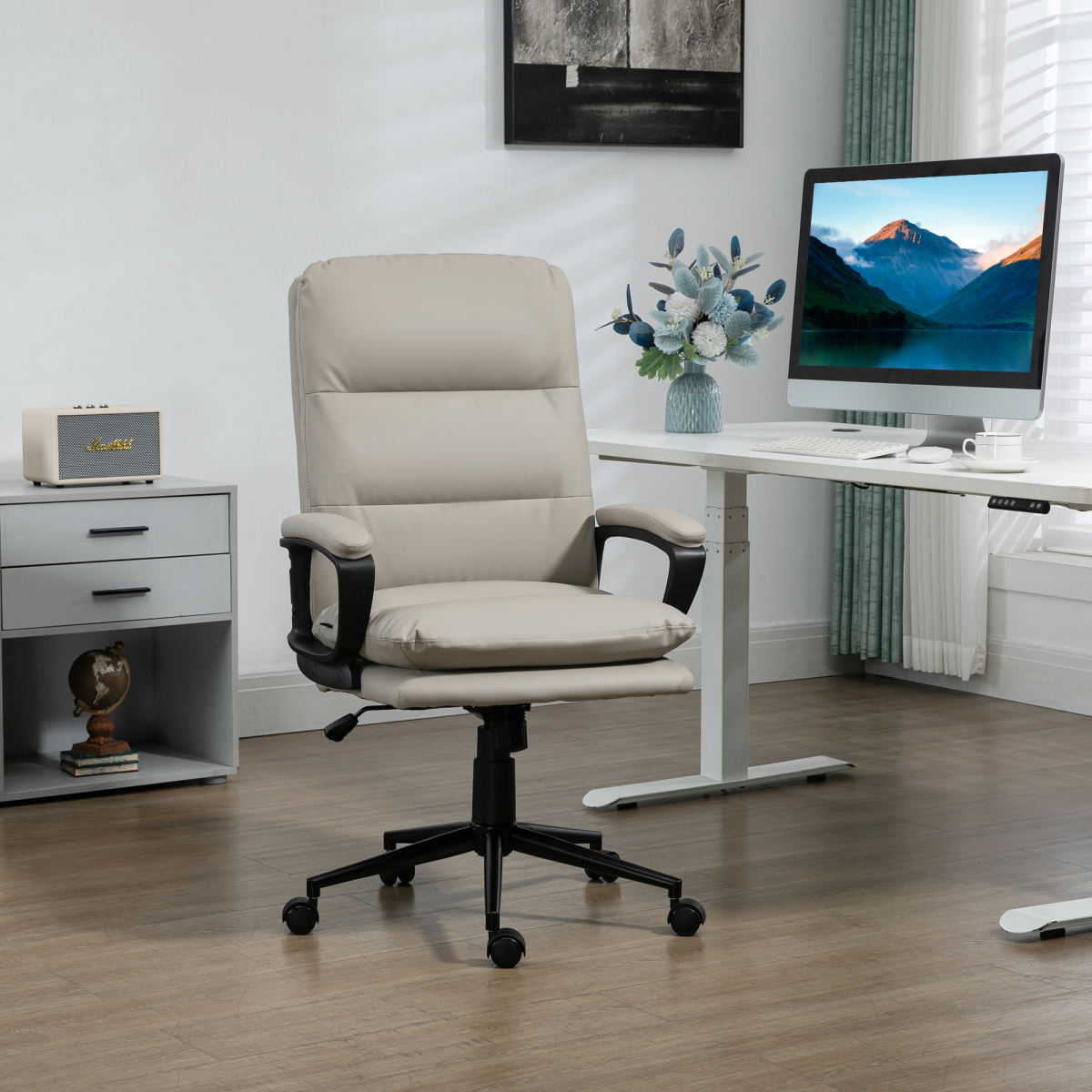 Vinsetto PU Leather Home Office Chair with Double-Padded Seat & Armrests – Swivel Desk Chair, Grey