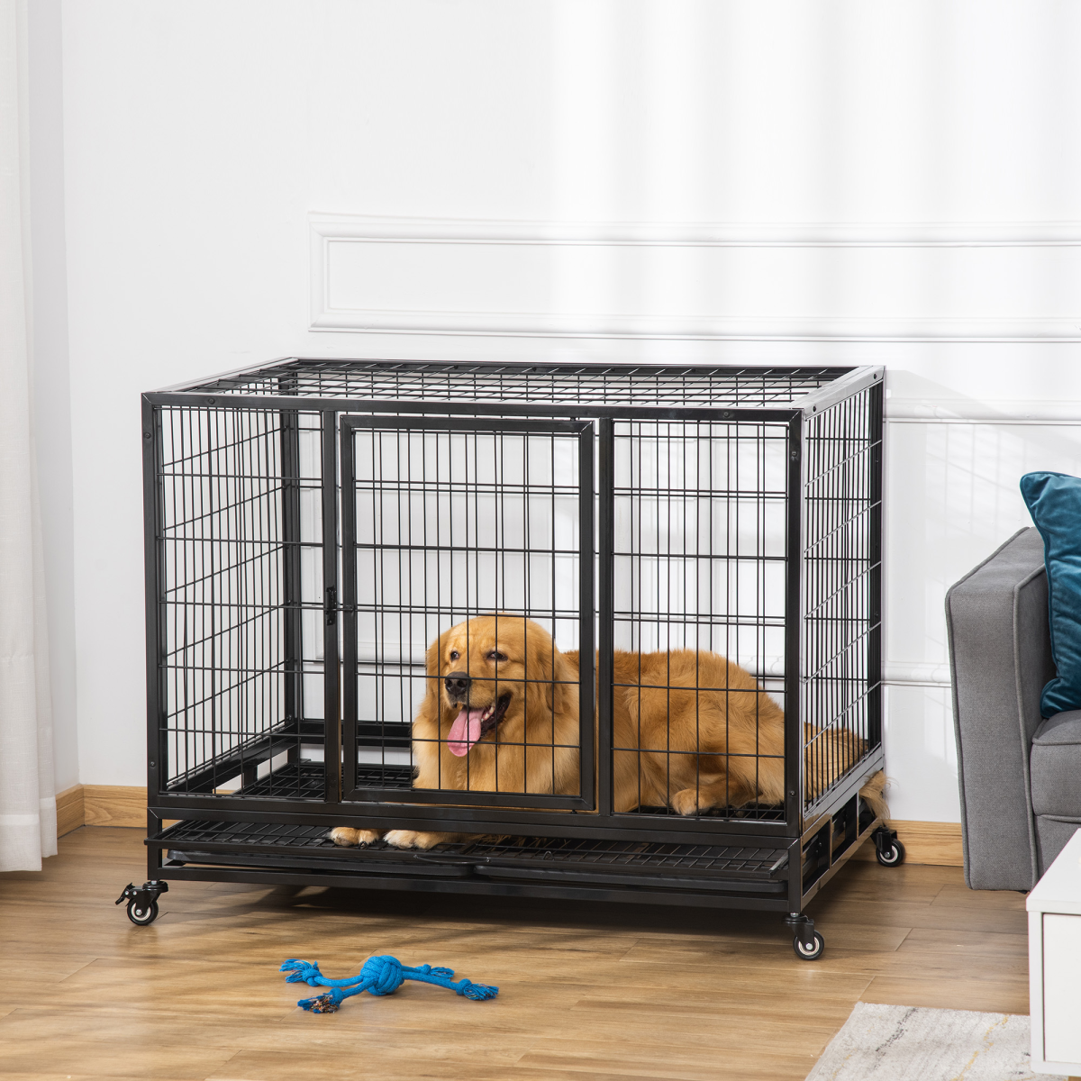 Pawhut Large Metal Dog Kennel Cage with Wheels & Crate Tray – Rust-Resistant Pet Crate, Black