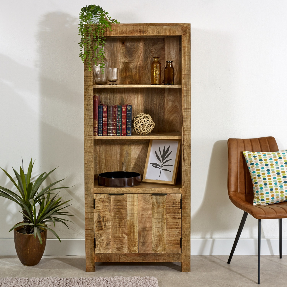 Surrey Solid Mango Wood Bookcase with 2 Doors & 3 Shelves – Living Room & Study Storage