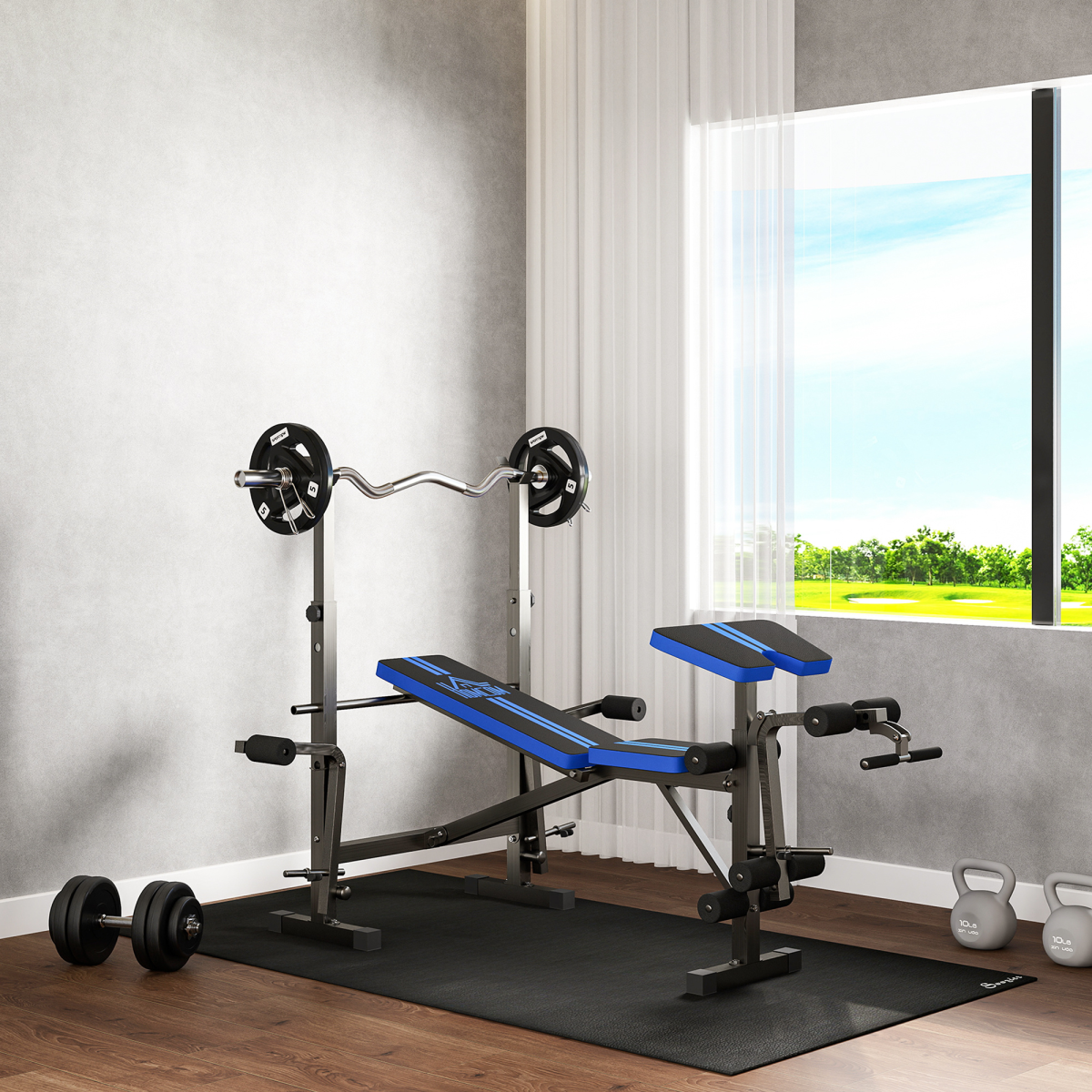 HOMCOM Multi-Function Weight Bench with Squat Rack, Leg Extension and Butterfly Curl – Home Gym, Black and Blue