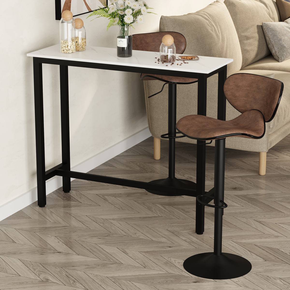 Breakfast Bar Table with Adjustable Footpads – Modern Two-Tone Kitchen Bar Table, White & Black