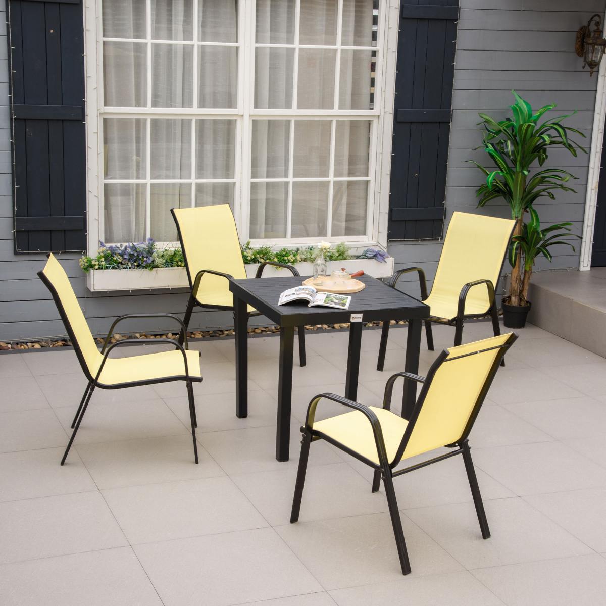 Outsunny Set of 4 Stackable Garden Dining Chairs with High Back & Armrests – Mesh Patio Seating, Beige