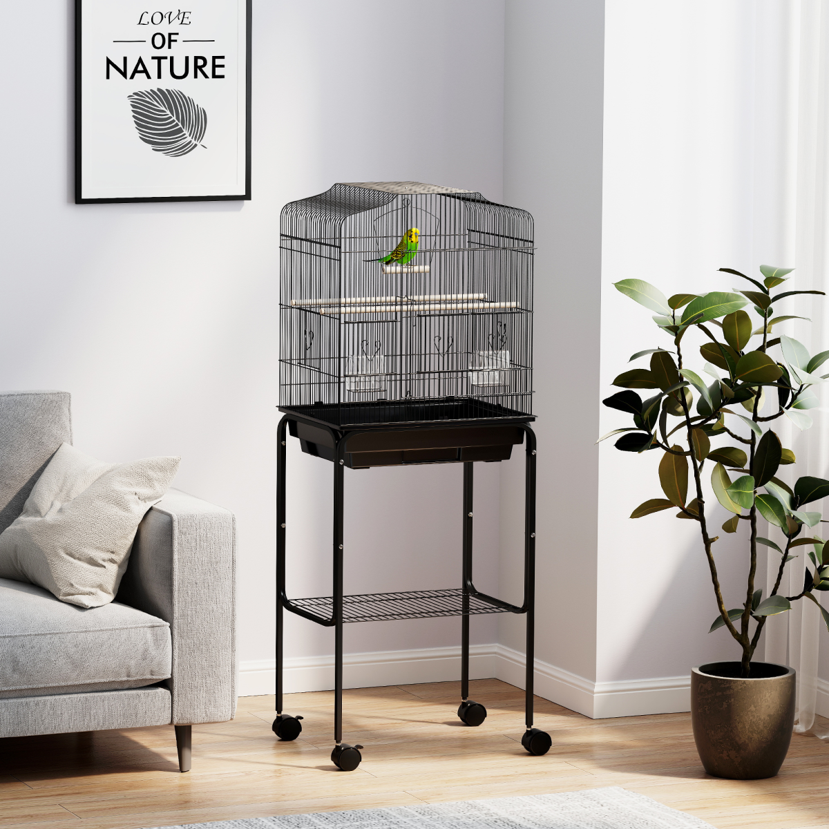 PawHut Bird Cage for Budgies, Finches, Canaries & Parakeets with Stand, Wheels & Slide-Out Tray – Black