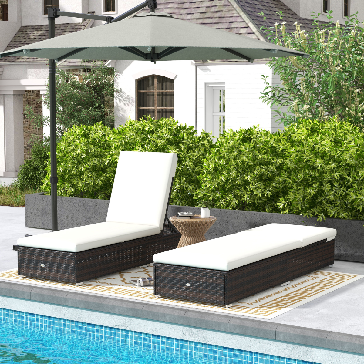 Outsunny Rattan Sun Loungers Set of 2 with 5-Position Backrest & Padded Seats – Garden Recliners, Brown
