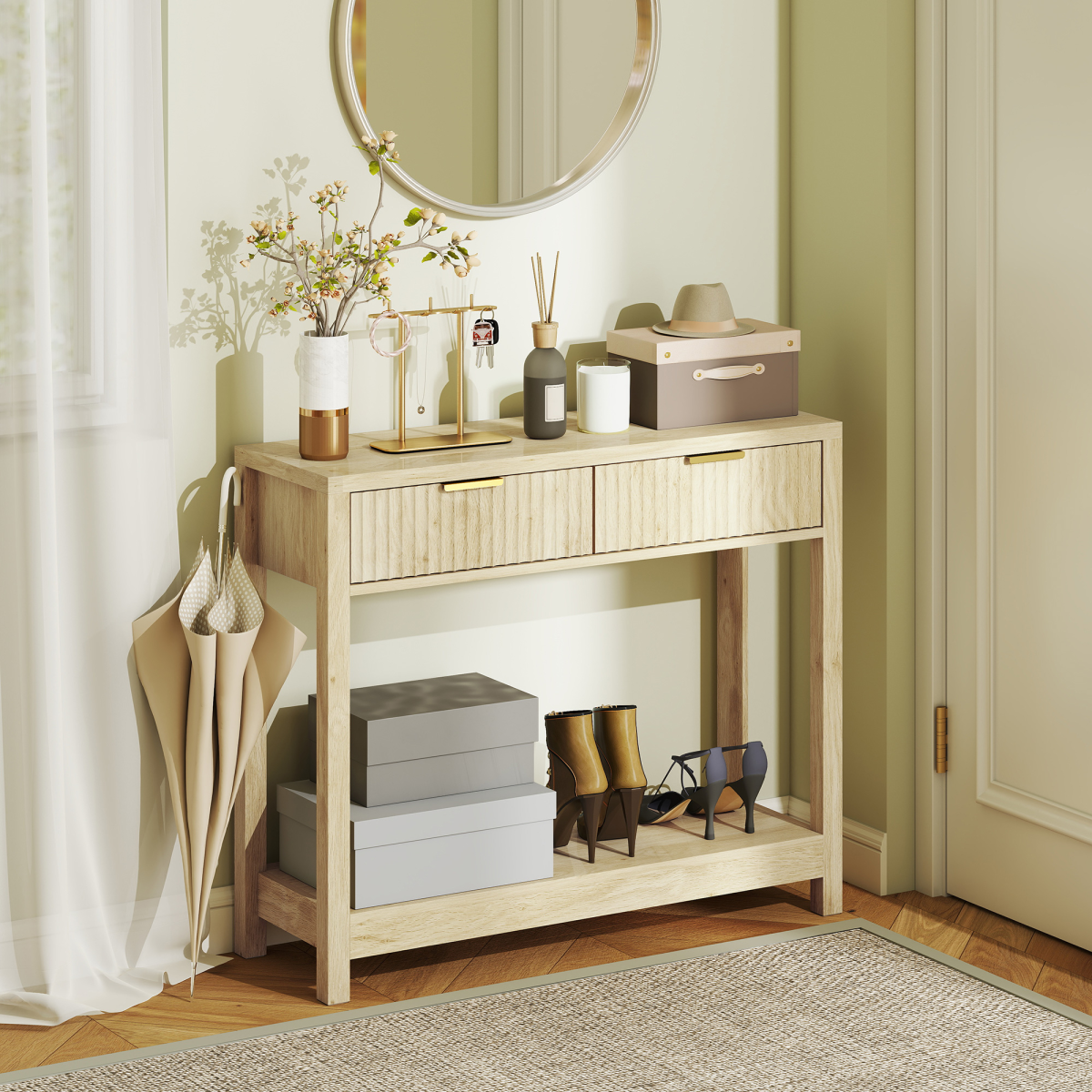 HOMCOM Narrow Console Table with 2 Fluted Drawers & Open Shelf – Slim Hallway Table, Natural