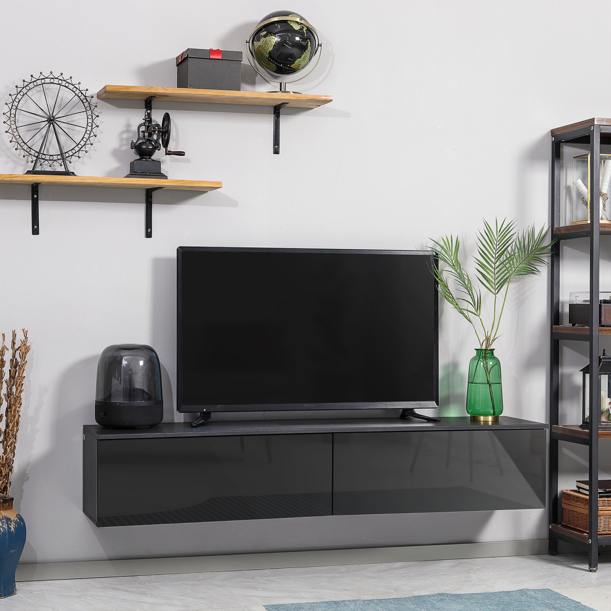 Floating Wall-Mounted TV Unit with Storage Cupboards – Cable-Hiding Media Cabinet for Living Rooms