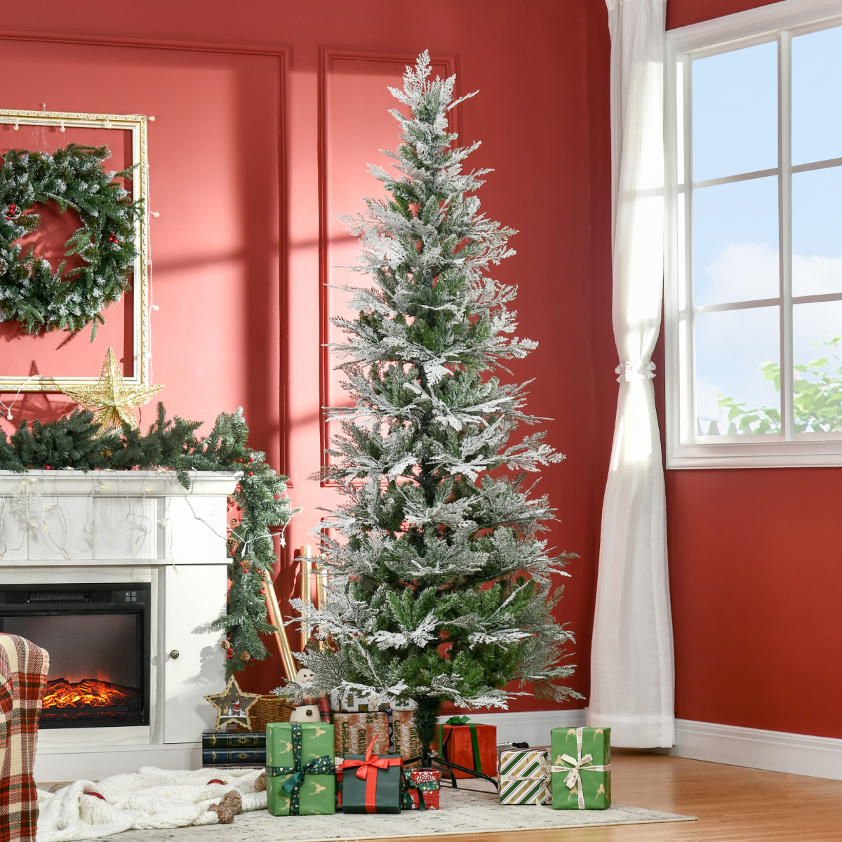 HOMCOM 7ft Snow Flocked Artificial Christmas Tree with Pencil Shape, Auto Open Branches and Metal Base