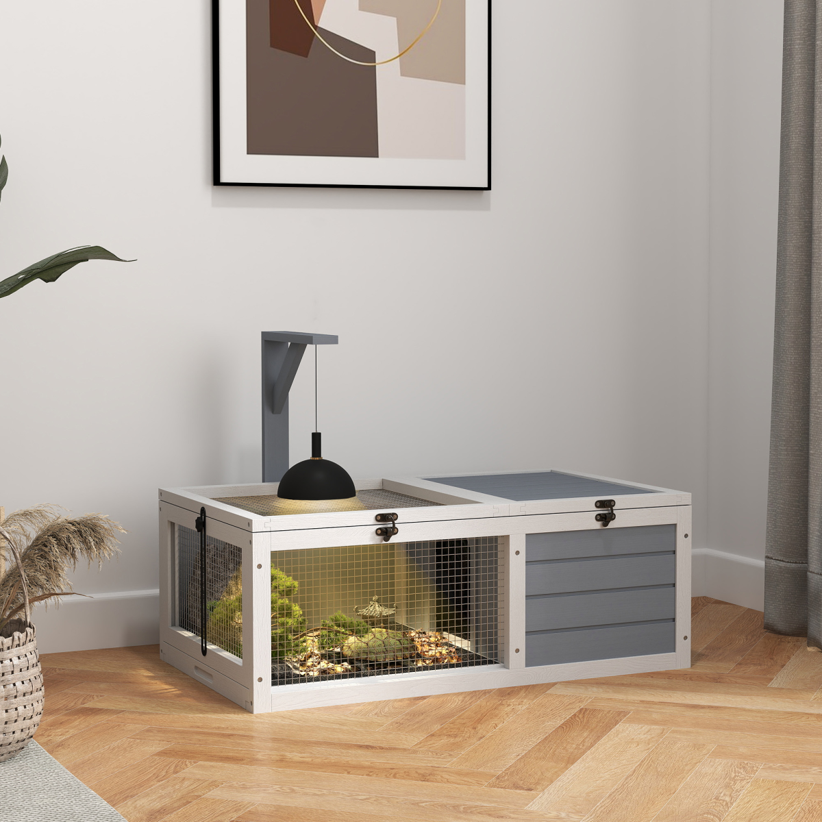 PawHut Tortoise Enclosure with Run, Lamp Holder, Pull-Out Trays & Hideaway – Wooden House, White and Light Grey