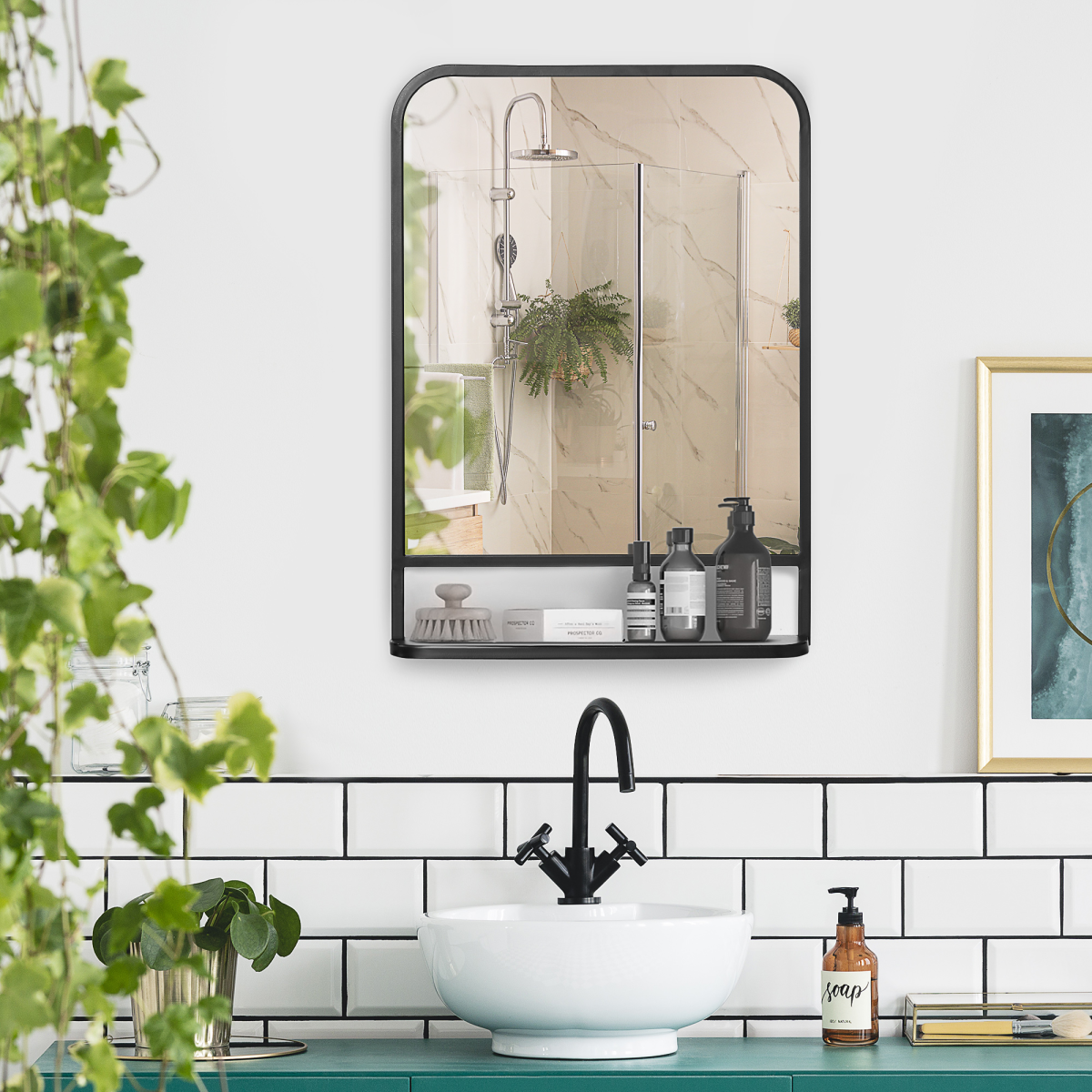 Square Wall Mirror 70 x 50cm with Bottom Shelf – Black Metal Frame for Bathroom, Hallway or Makeup