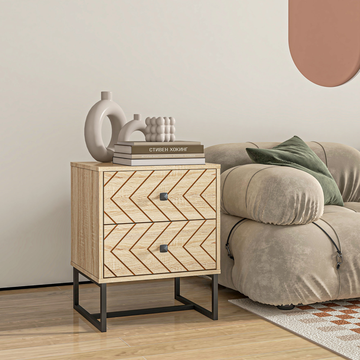 HOMCOM 2-Drawer Bedside Table with Zig-Zag Design – Anti-Tipping Storage Unit, Black Metal Handles