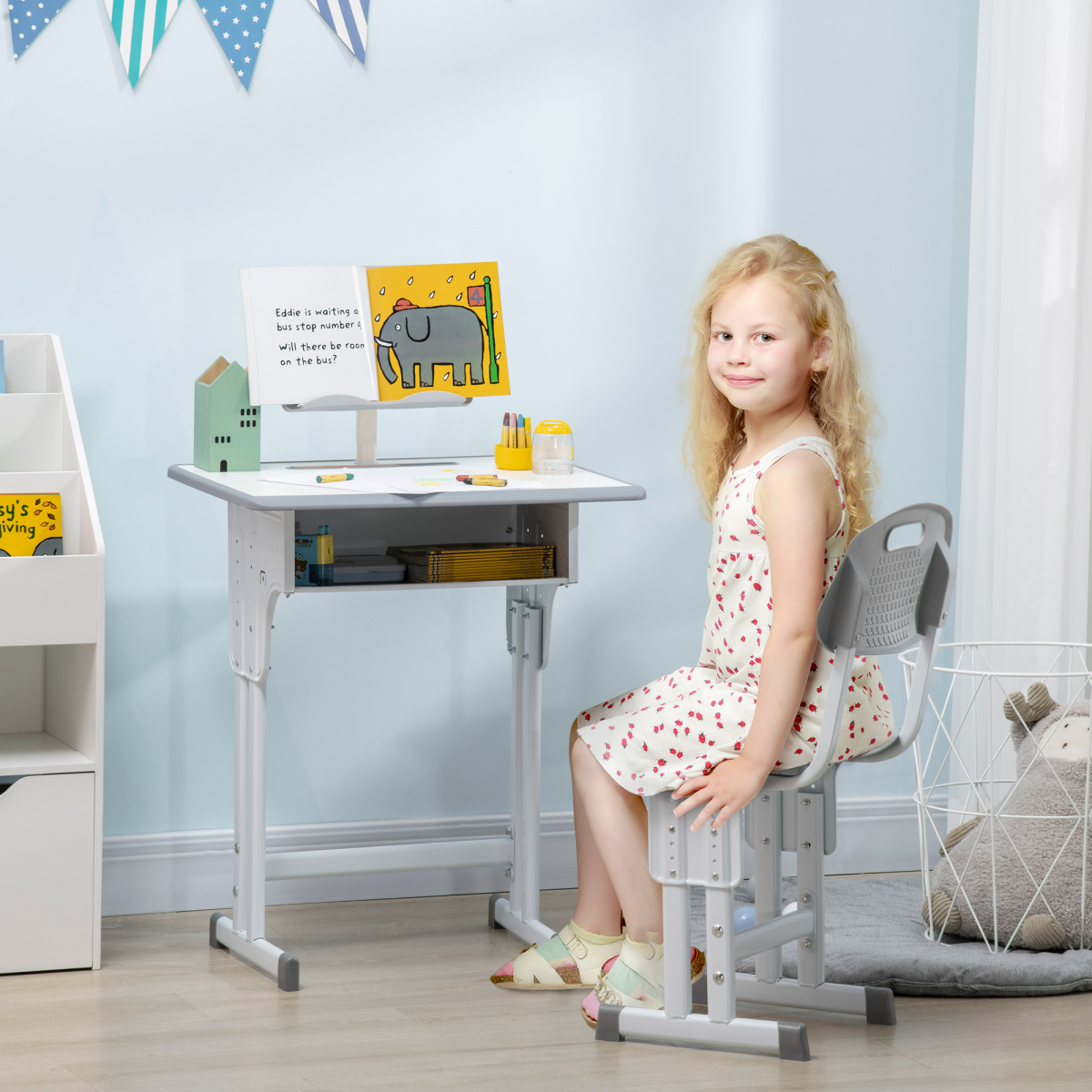 Kids Desk and Chair Set with Adjustable Height, Drawer and Book Stand – Study Table for Ages 6–12, Grey