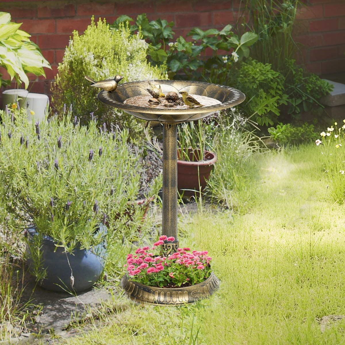 Outsunny 72cm Bronze Bird Bath & Feeder with Bird Statue and Two Basins – Garden Water Feature with Stakes