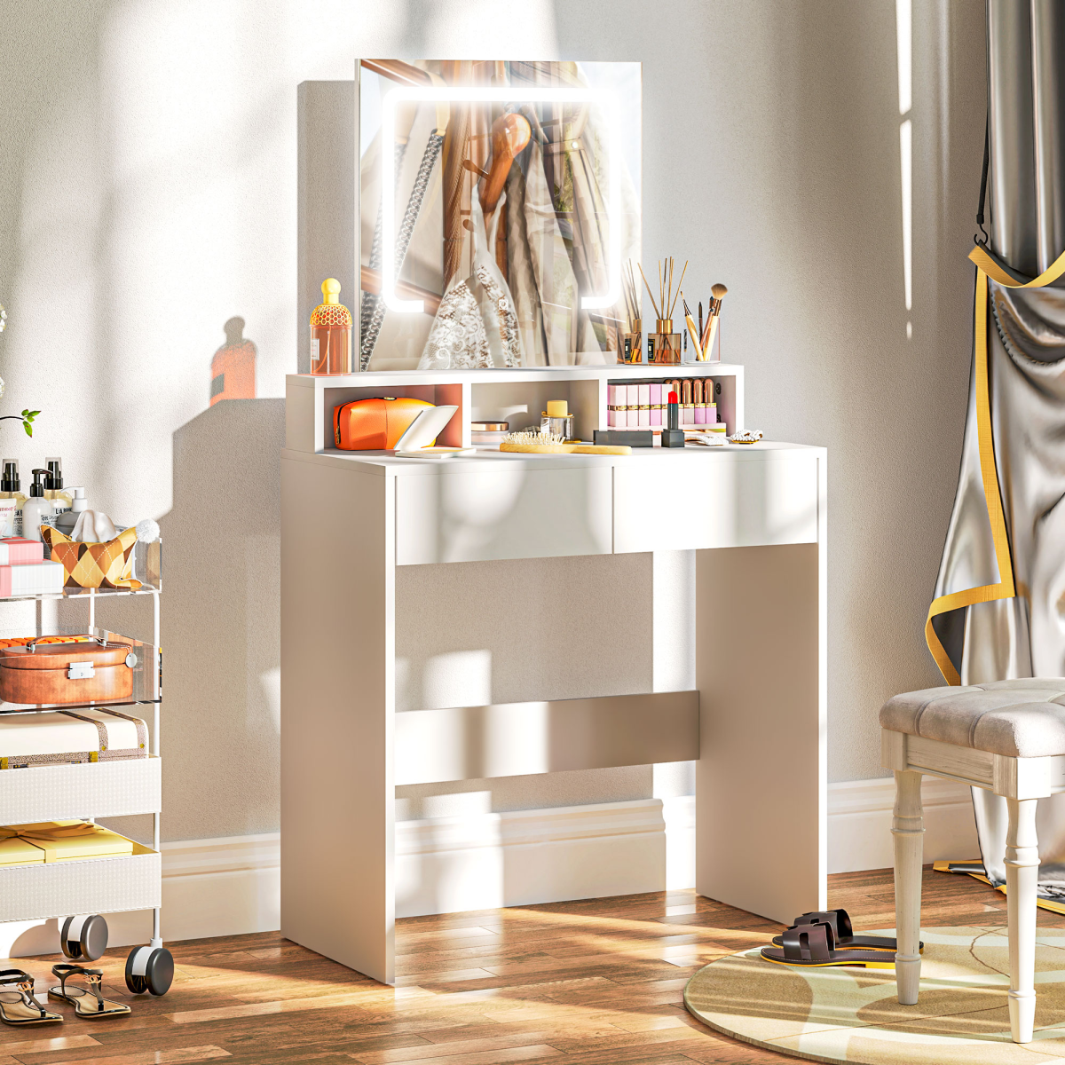 HOMCOM Dressing Table with LED Mirror, 2 Drawers & 3 Open Compartments – Makeup Vanity, White