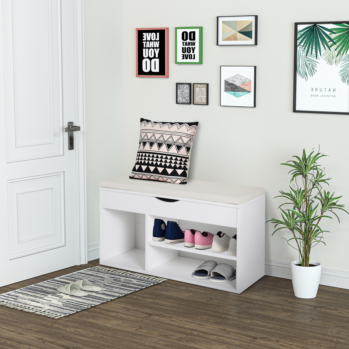 HOMCOM Wooden Shoe Cabinet Bench with Hidden Storage & Padded Seat, White