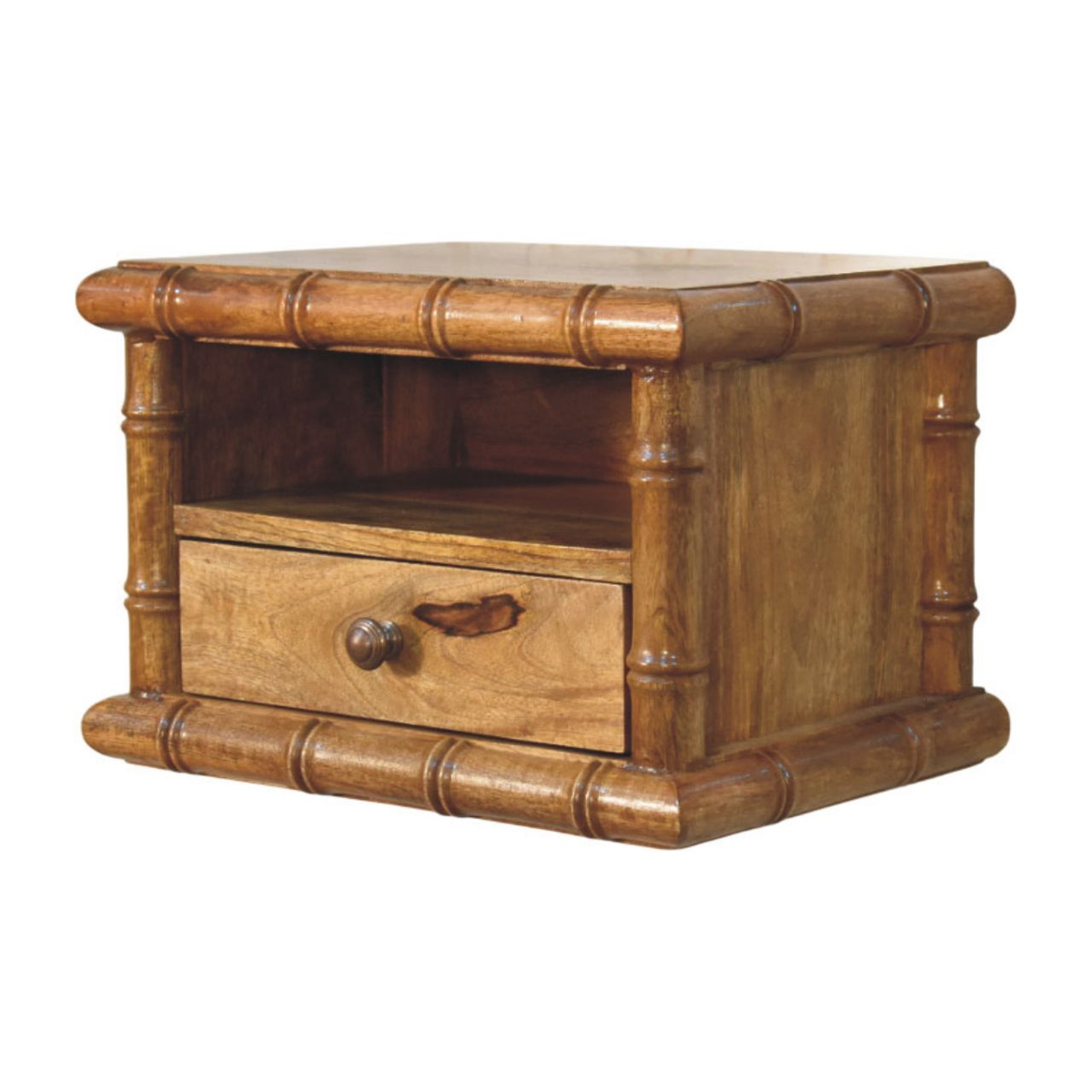 Artisan Furniture Solid Wood Bamboo Open Bedside with 1 Drawer & 1 Shelf – Amber Oak Finish, Brown