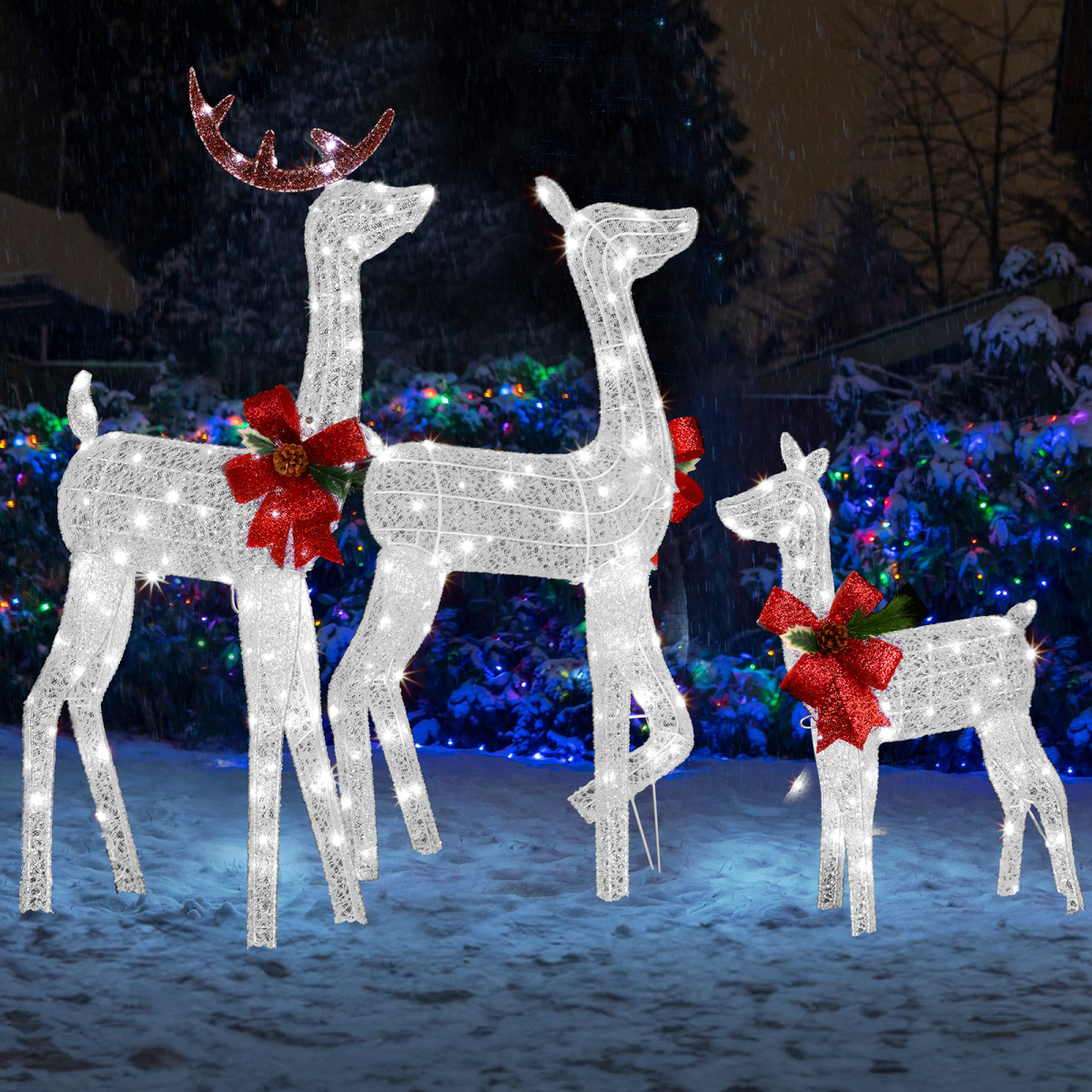 Lighted Christmas Reindeer Family – 3 Piece Outdoor Set with 200 White Lights & Ground Stakes