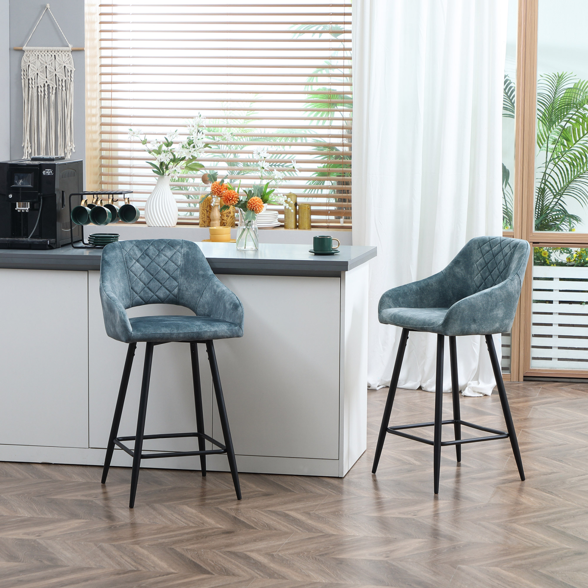 HOMCOM Set of 2 Velvet-Touch Bar Stools with High Backs, Armrests & Footrest – Counter Height Bar Chairs, Blue