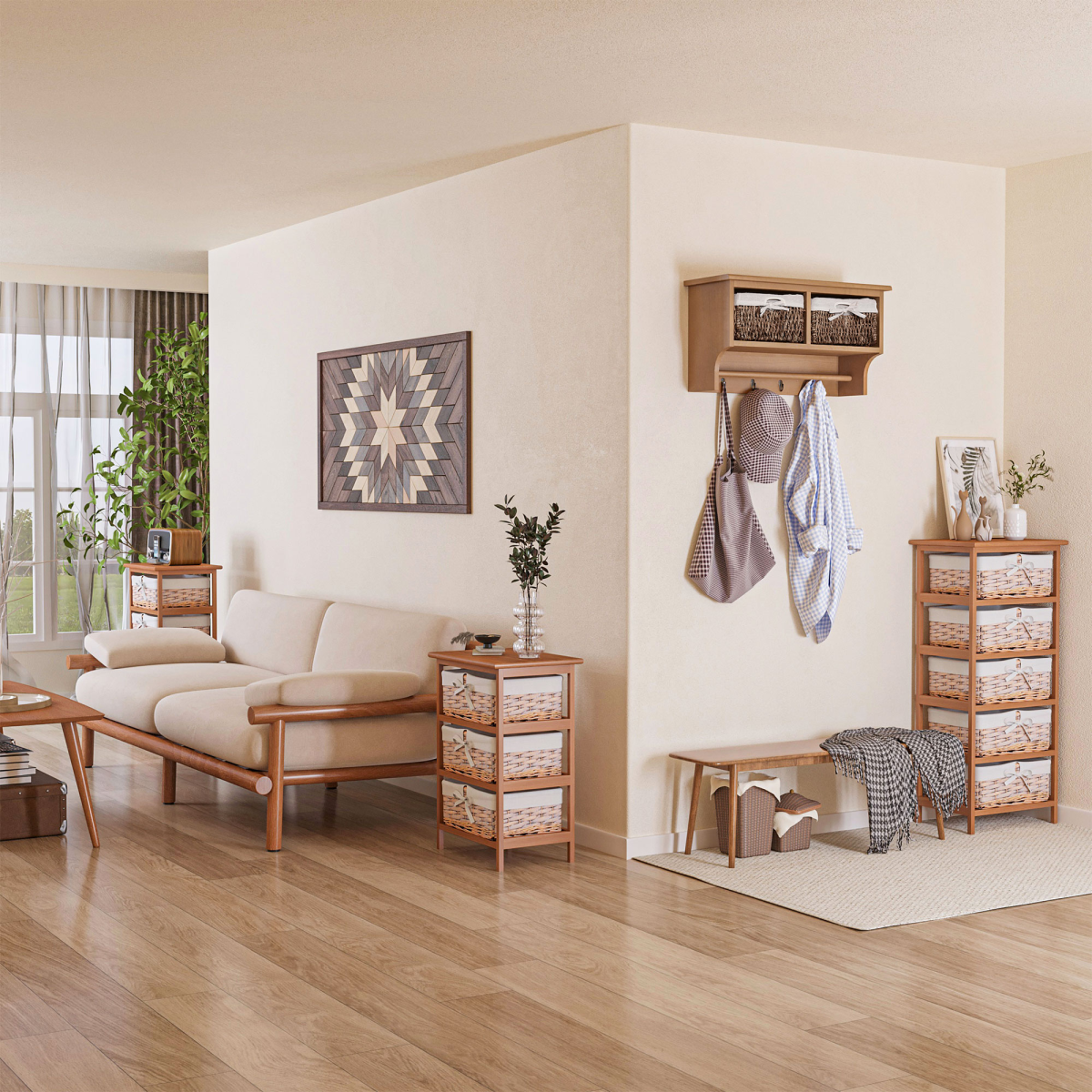 HOMCOM 5-Drawer Wooden Storage Unit with Wicker Woven Baskets – Rustic Drawers for Bedrooms & Hallways