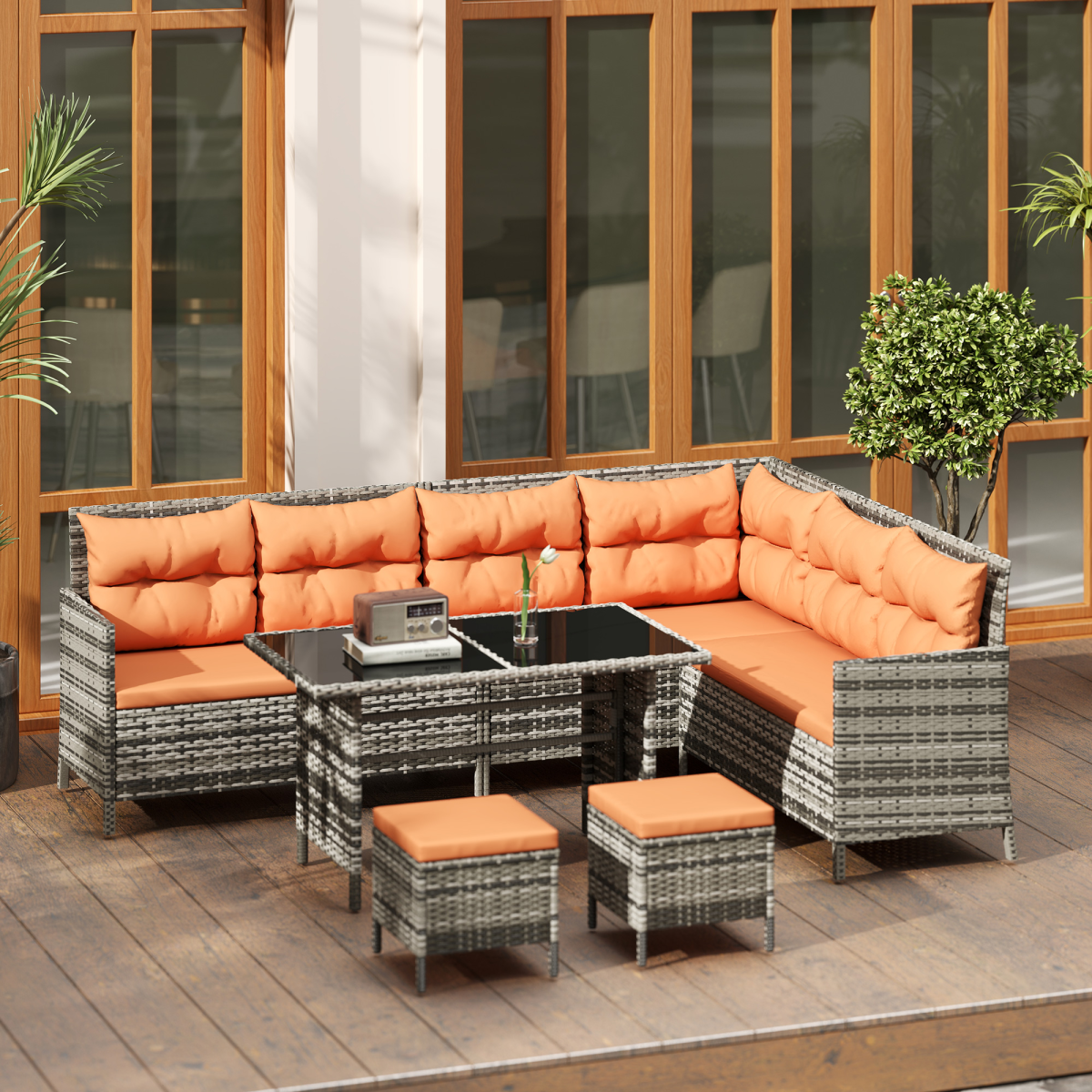 Outsunny 6 Piece Patio Wicker Sofa Set with Footstool and Coffee Table, Rust-Resistant Frame, Orange