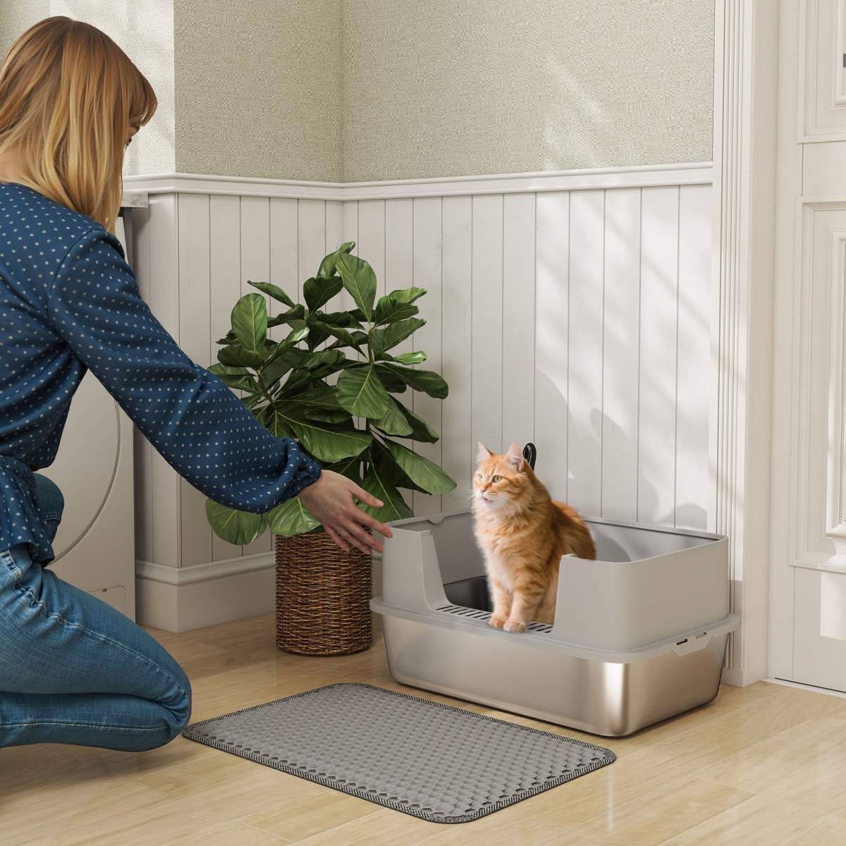 PawHut Stainless Steel Cat Litter Box with Scoop, High Sides & Snap-Lock Lid – Litter Tray for Cats up to 15kg, Grey