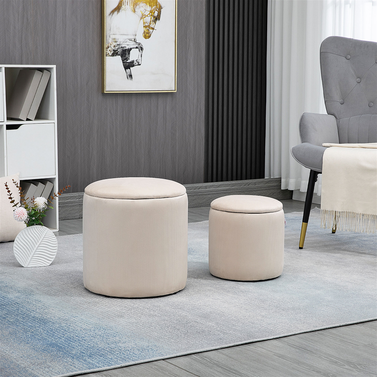 HOMCOM Set of 2 Fabric Storage Ottomans with Removable Lids – Hidden Storage and Extra Seating, Cream White