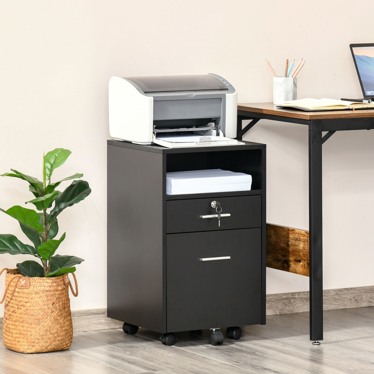 Vinsetto Mobile Lockable File Cabinet with Open Shelf & 5 Wheels – Home Office Storage, Black