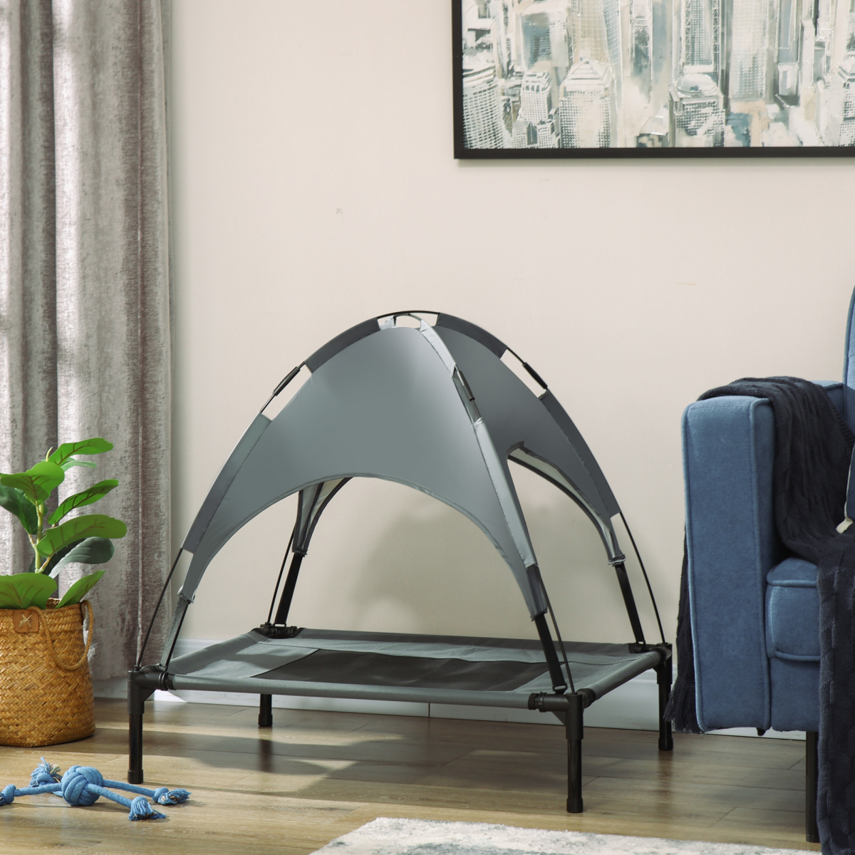 Pawhut Elevated Dog Bed with Removable UV Canopy and Steel Frame – Cooling Raised Pet Cot, Grey