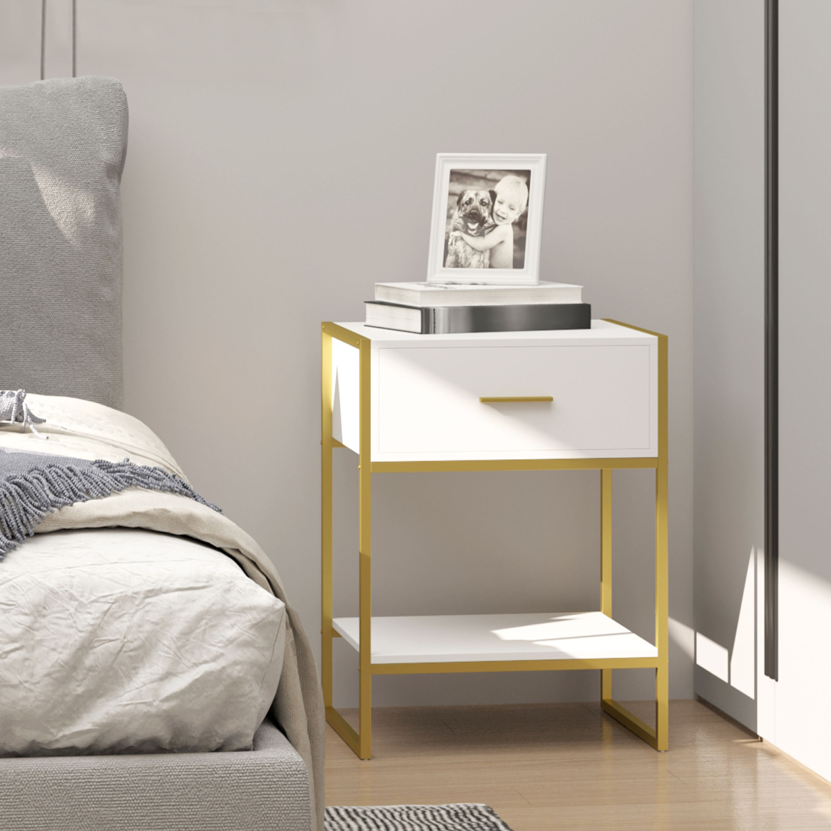 Modern Bedside Table with Drawer and Bottom Shelf – Gold-Tone Metal Frame Nightstand, White