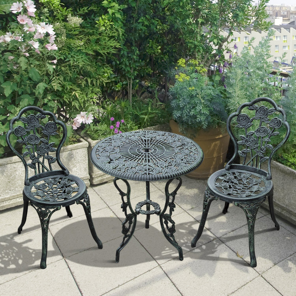 Outsunny 3-Piece Cast Aluminium Bistro Set with Parasol Hole – Antique-Style Garden Table & 2 Chairs, Green