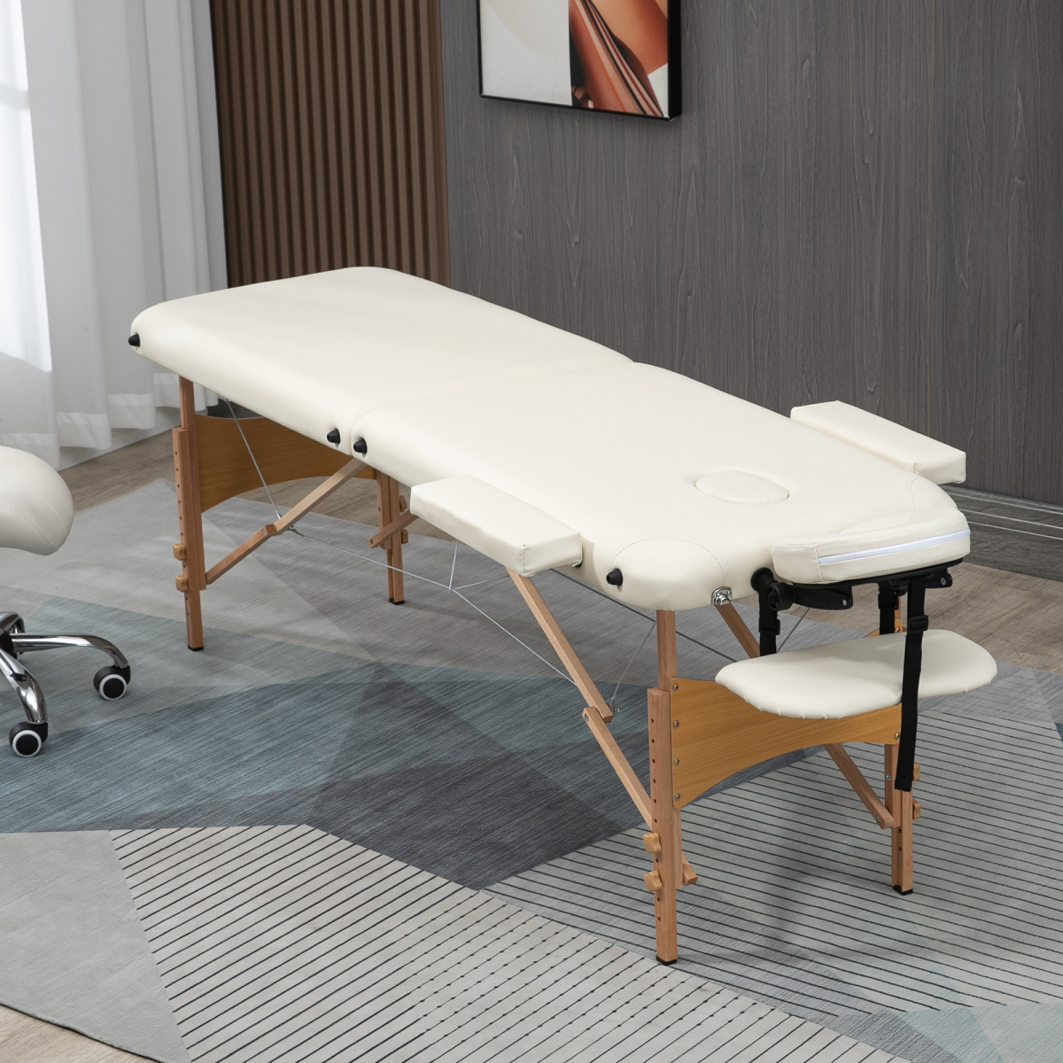 HOMCOM Portable Folding Massage Table with 2 Sections, Wooden Frame & Carry Bag – Spa Beauty Bed, Cream