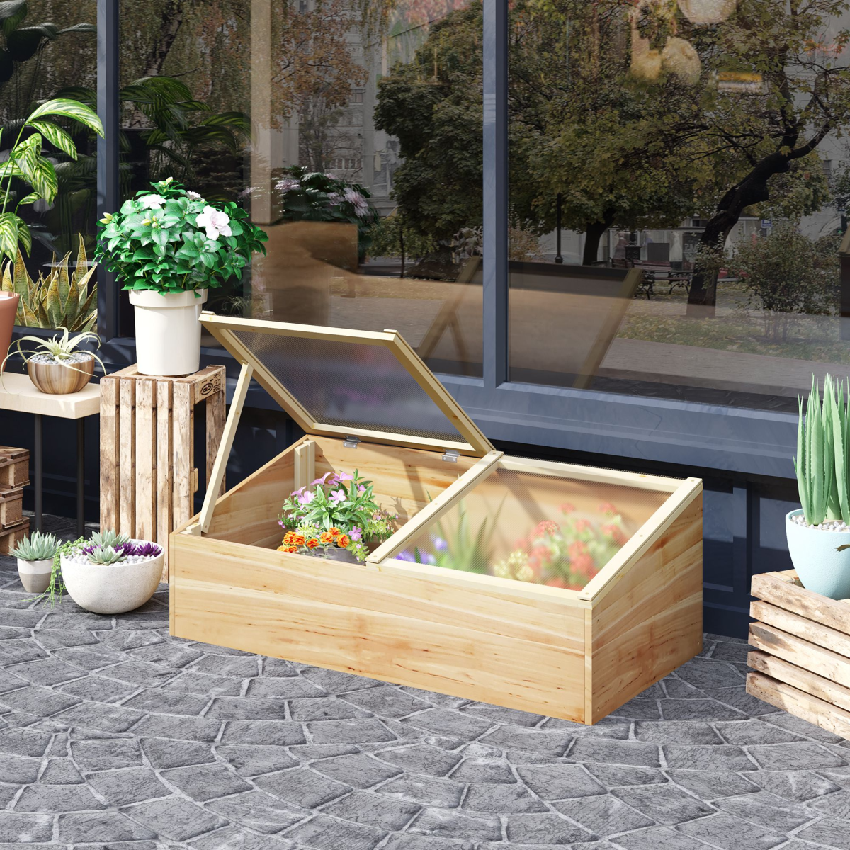 Outsunny Wooden Cold Frame Greenhouse with Polycarbonate Panels & Lifting Roof – 100 x 50 x 36cm, Natural