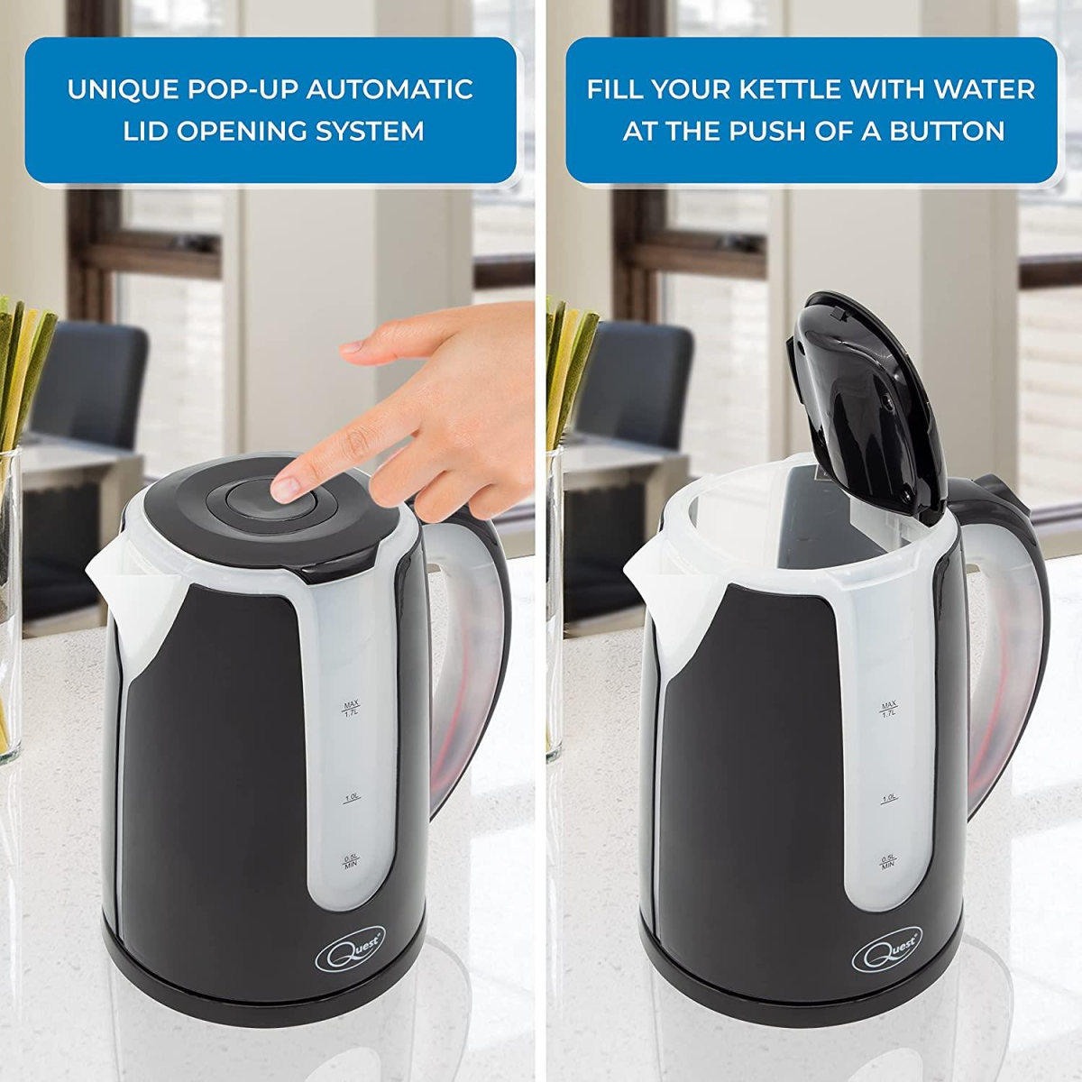 Quest Dual LED Illuminated Kettle, 1.7L 2200W with 360° Swivel Base & Boil Dry Protection – Black