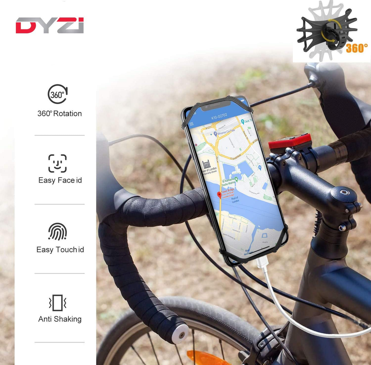DYZI Detachable Bike Phone Holder with 360° Rotation and Anti-Slip Silicone Clip – Fits Phones 4–6.5 Inch