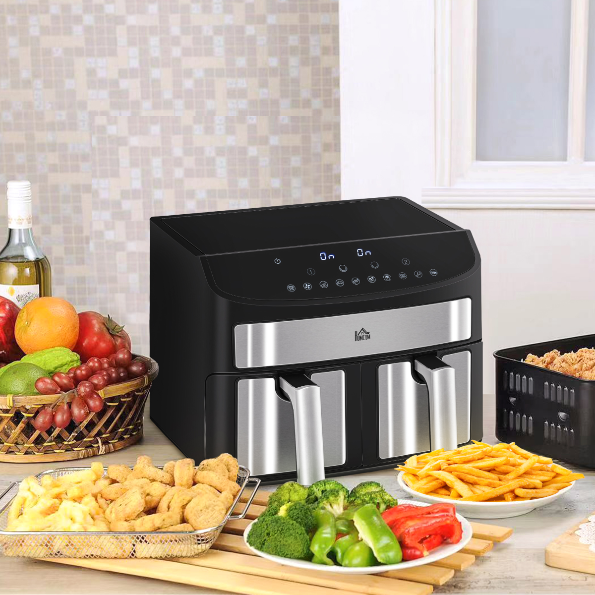 HOMCOM 8L Dual Basket 10-in-1 Air Fryer with Sync Cook and Sync Finish, 2400W – Oil-Free Cooking