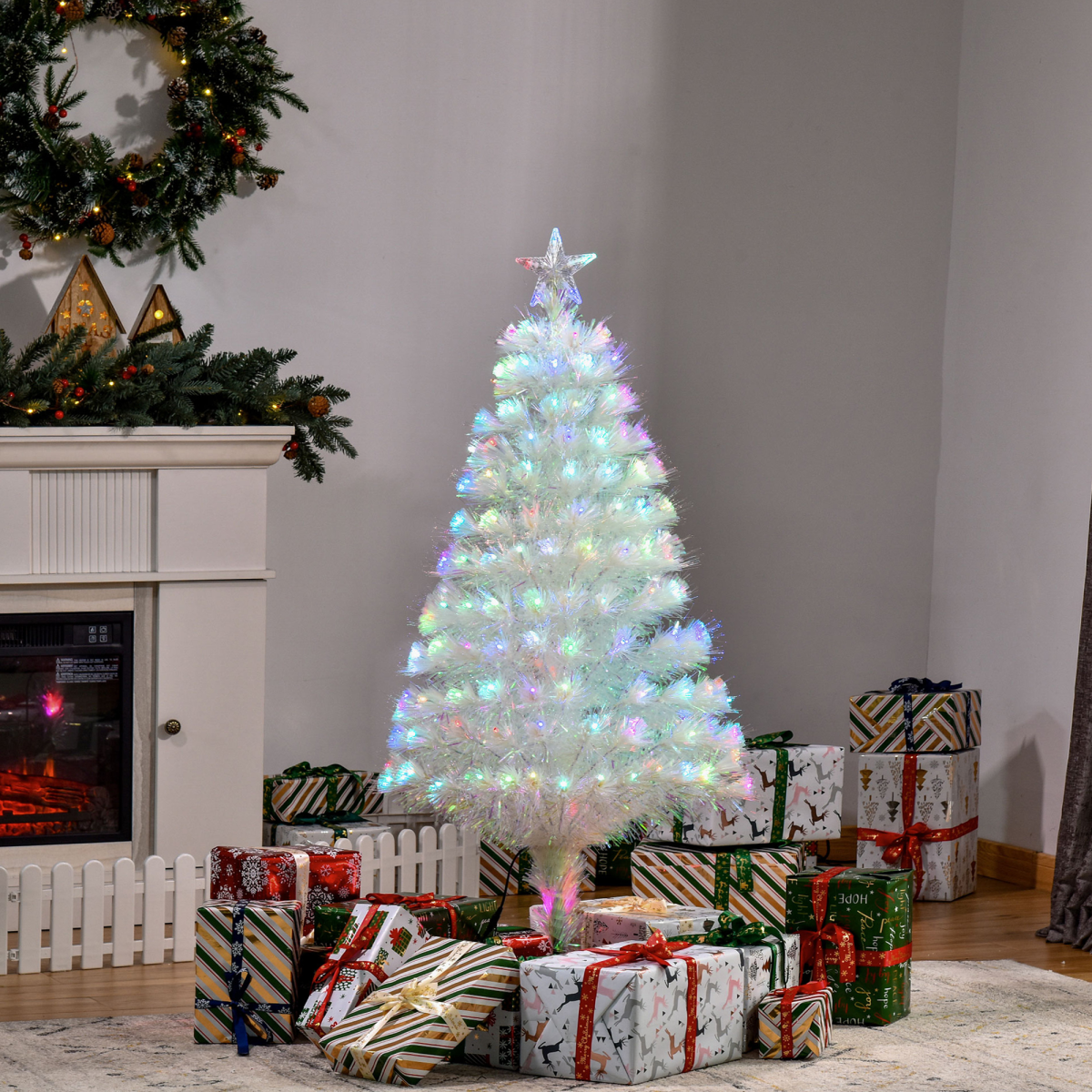 HOMCOM 4ft Pre-Lit Artificial Christmas Tree with Multi-Coloured Fibre Optic and LED Lights – Foldable, White