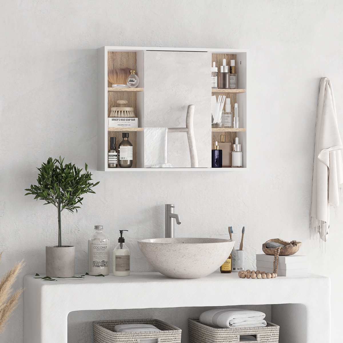 HOMCOM Wall Mounted Bathroom Cabinet with Mirrored Door and Adjustable Shelf – Space-Saving Storage