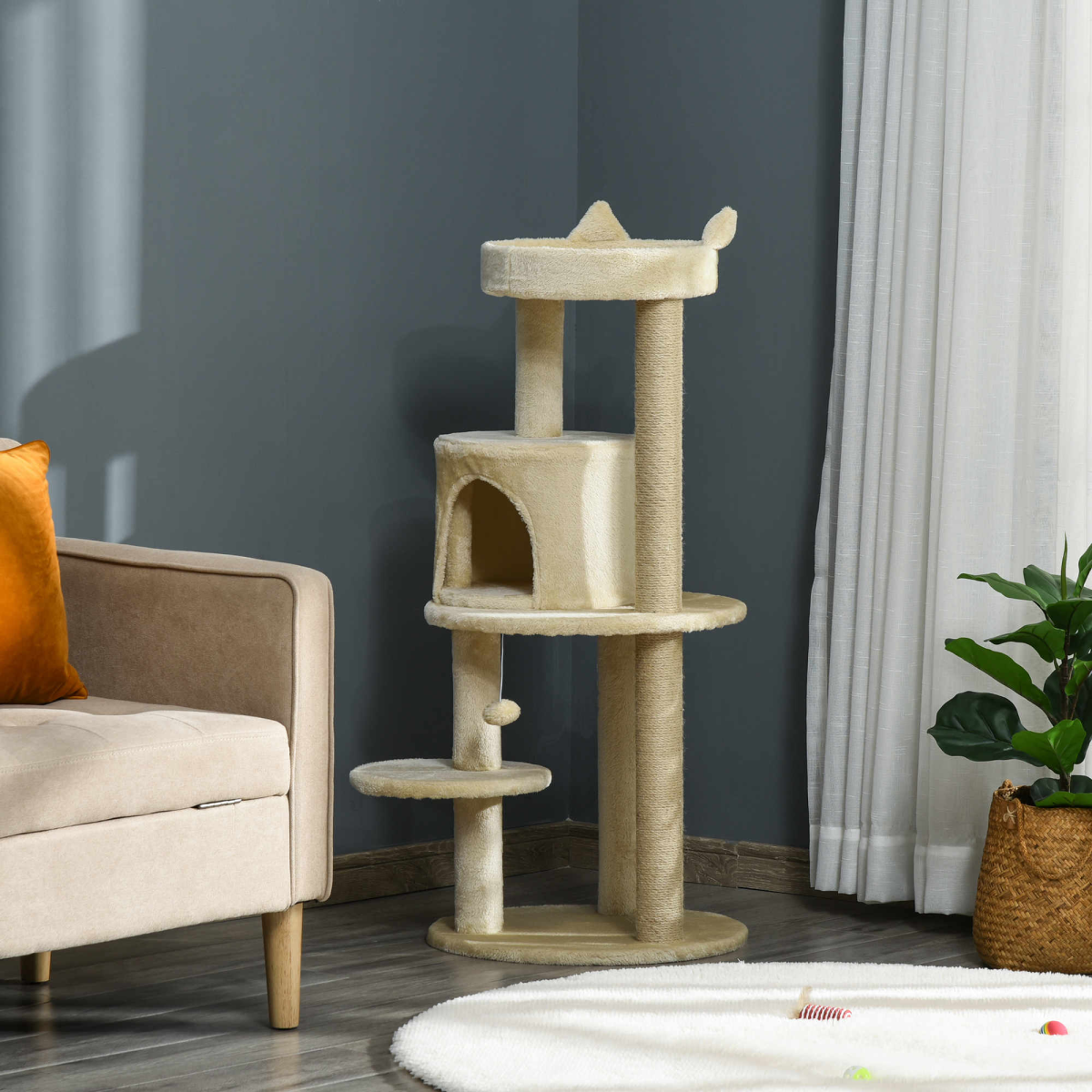 Pawhut 3-Tier Deluxe Cat Tree with Scratching Posts, Hide-Away House & Play Ball – Activity Tower, Beige