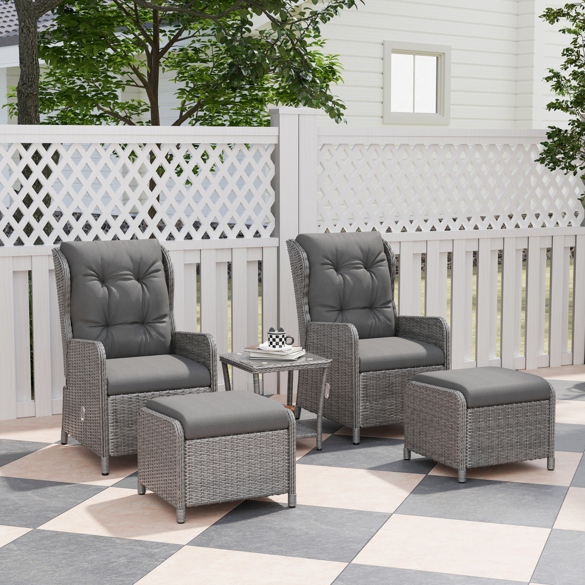 Outsunny 5-Piece Rattan Recliner Set with 2 Chairs, 2 Footstools and Glass Table – Garden Lounge, Light Grey
