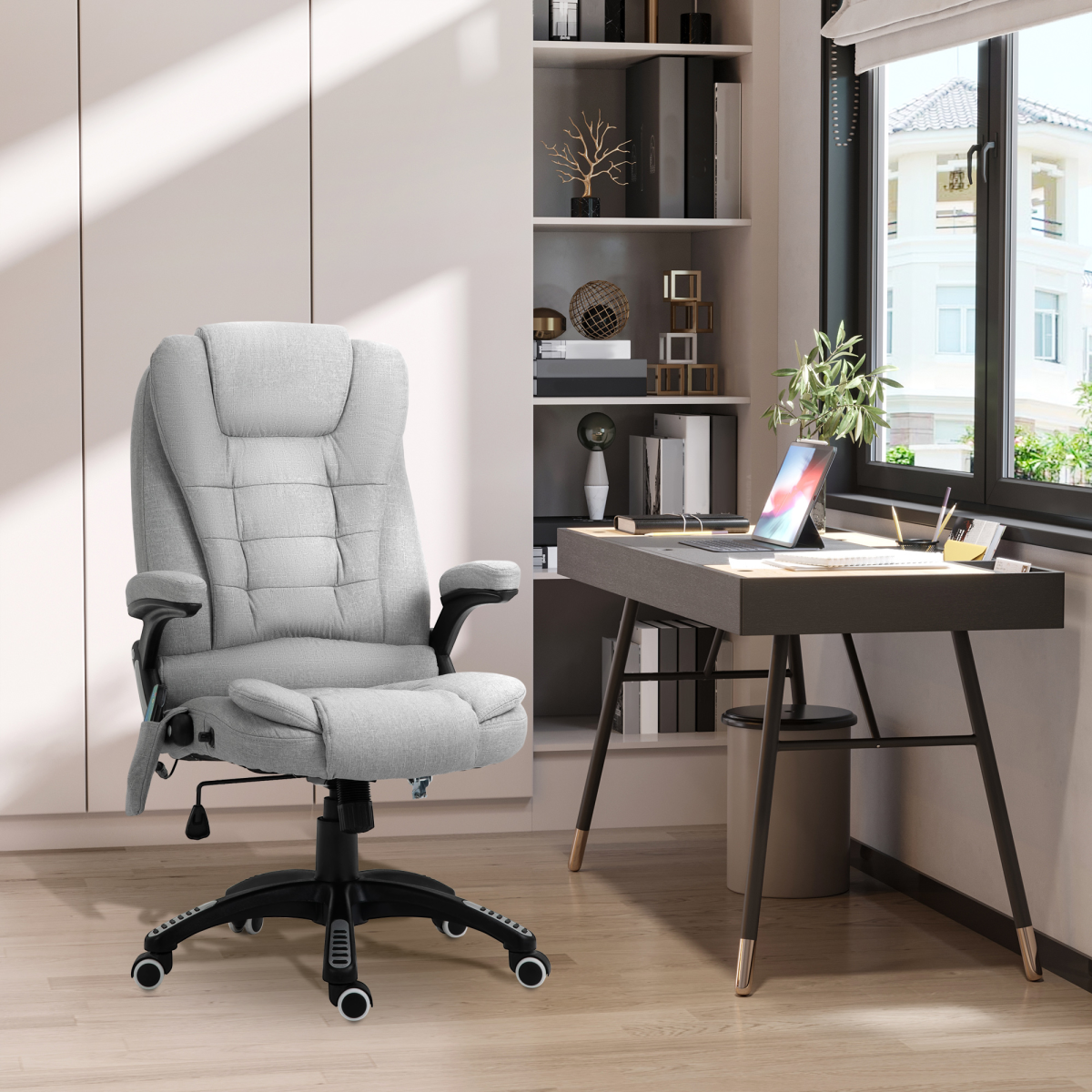 Executive Reclining Office Chair with Heated Massage, Padded Headrest – Height Adjustable Swivel Chair, Grey