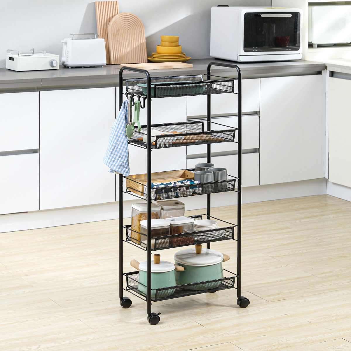 HOMCOM 5 Tier Utility Rolling Cart with Removable Mesh Baskets and Lockable Wheels – Storage Trolley, Black