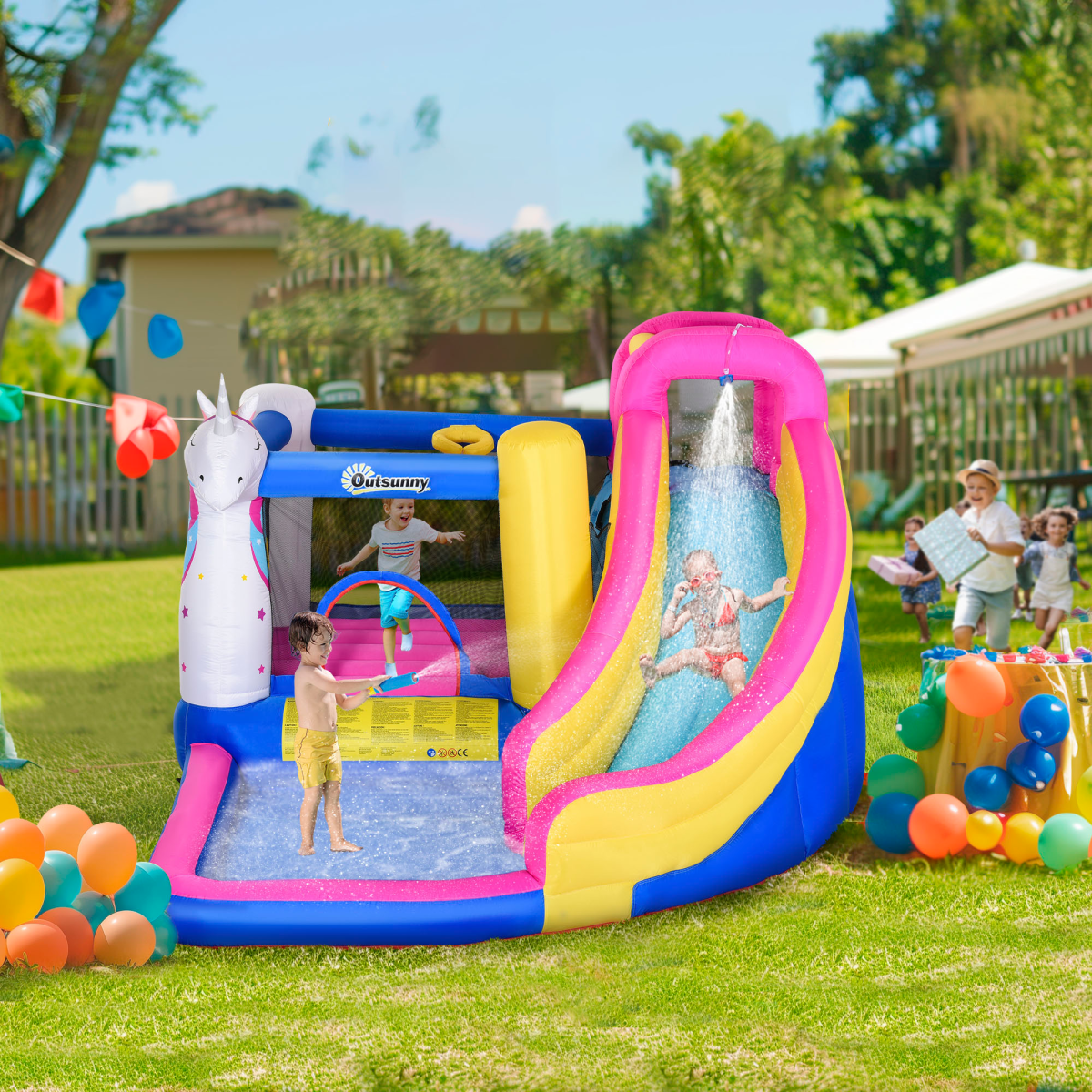Outsunny 5 in 1 Bouncy Castle with Slide, Pool, Trampoline, Climbing Wall & Blower – Kids Ages 3-8