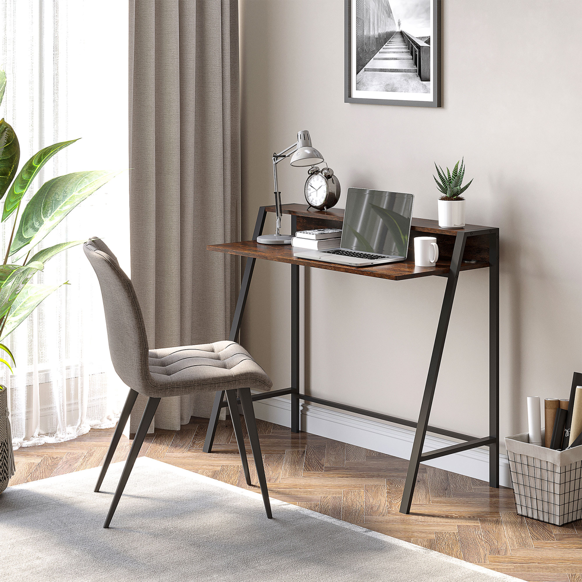 HOMCOM Writing Desk with Two-Tier Worktop and Storage Shelf – Home Office Computer Workstation, Rustic Brown